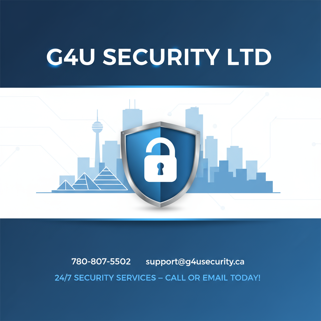 G4U Security Ltd banner with Edmonton skyline, shield icon, and contact info: 780-807-5502, support@g4usecurity.ca.