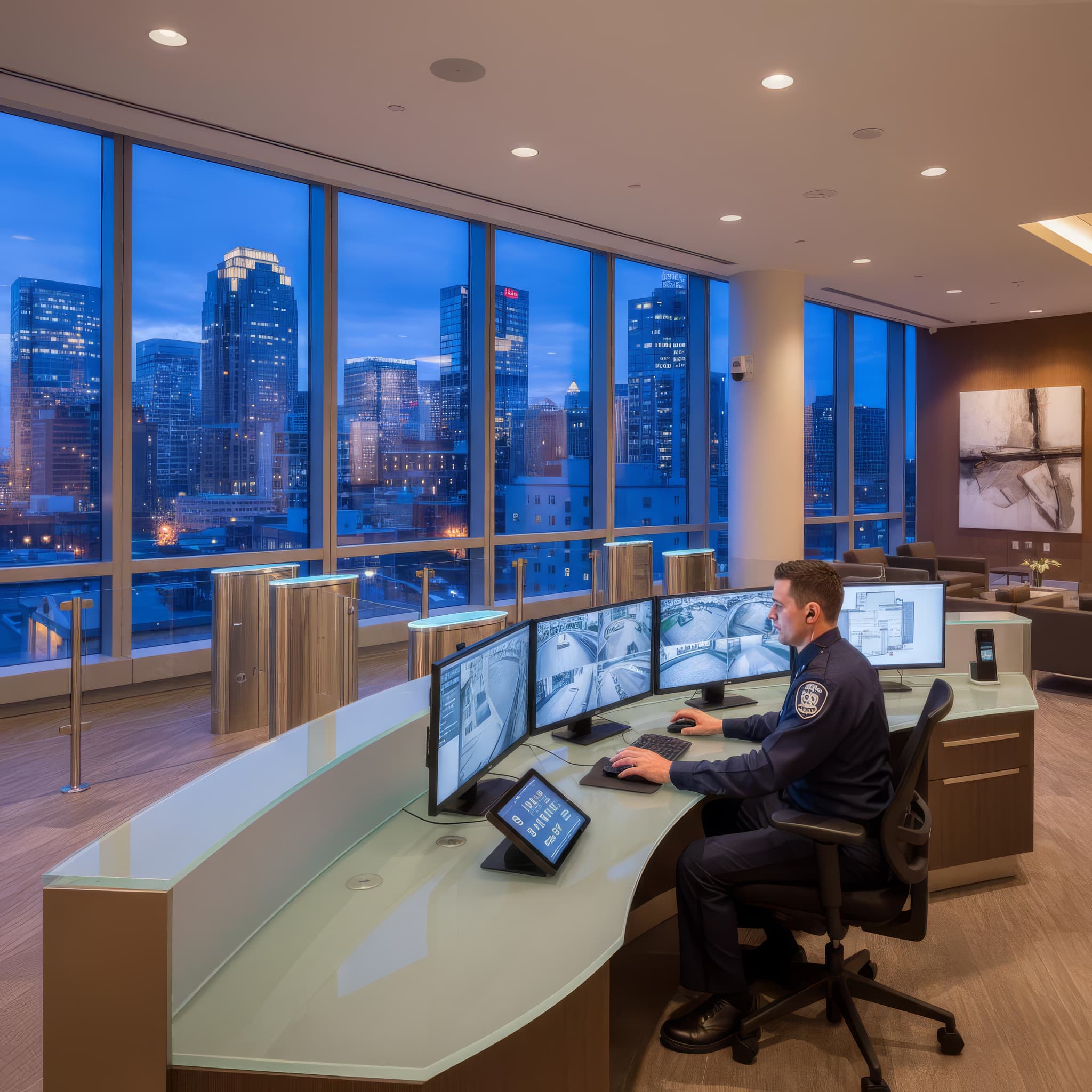 Professional front desk security guard in uniform at Edmonton office building with surveillance monitors