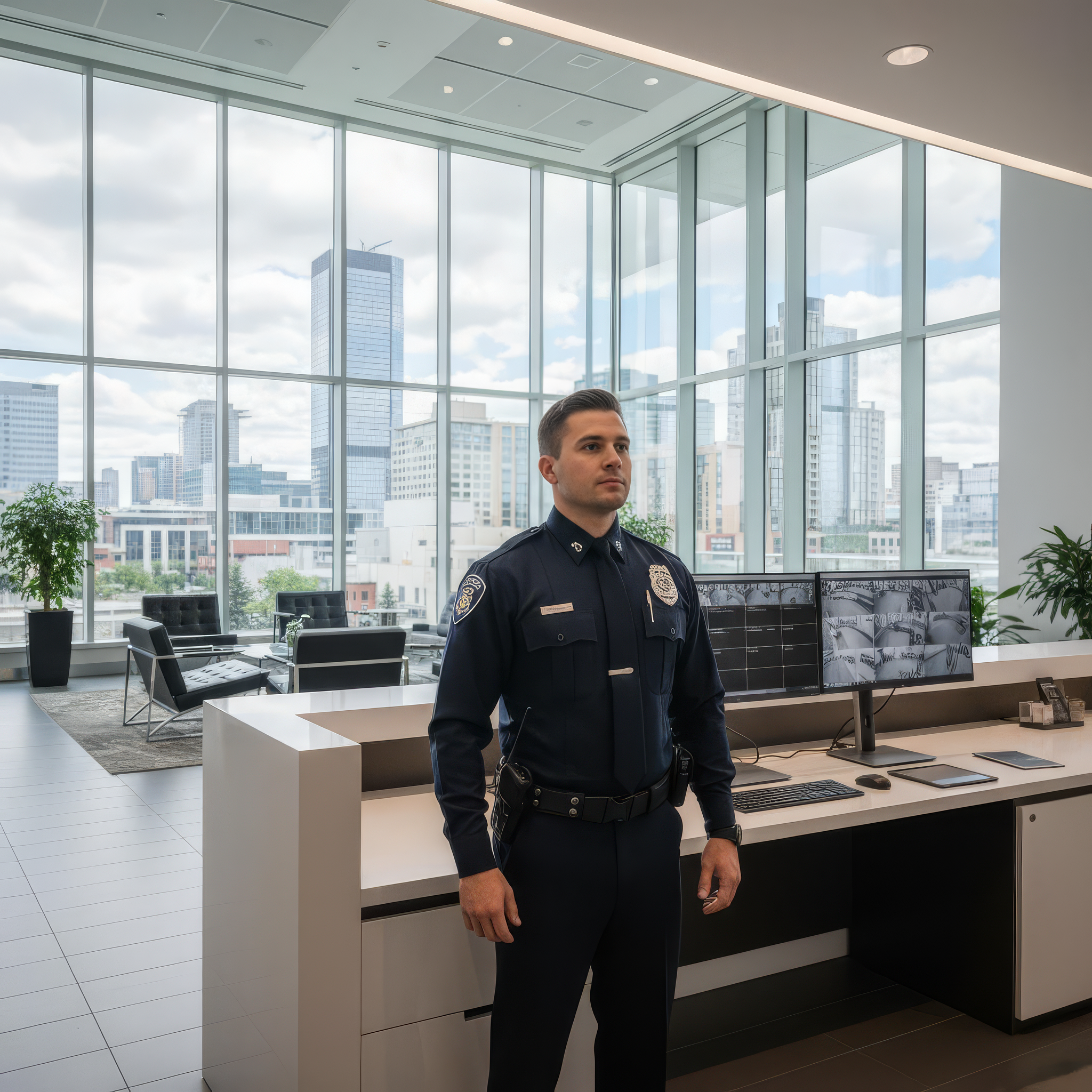 Professional front desk security guard in uniform at Edmonton office building with surveillance monitors