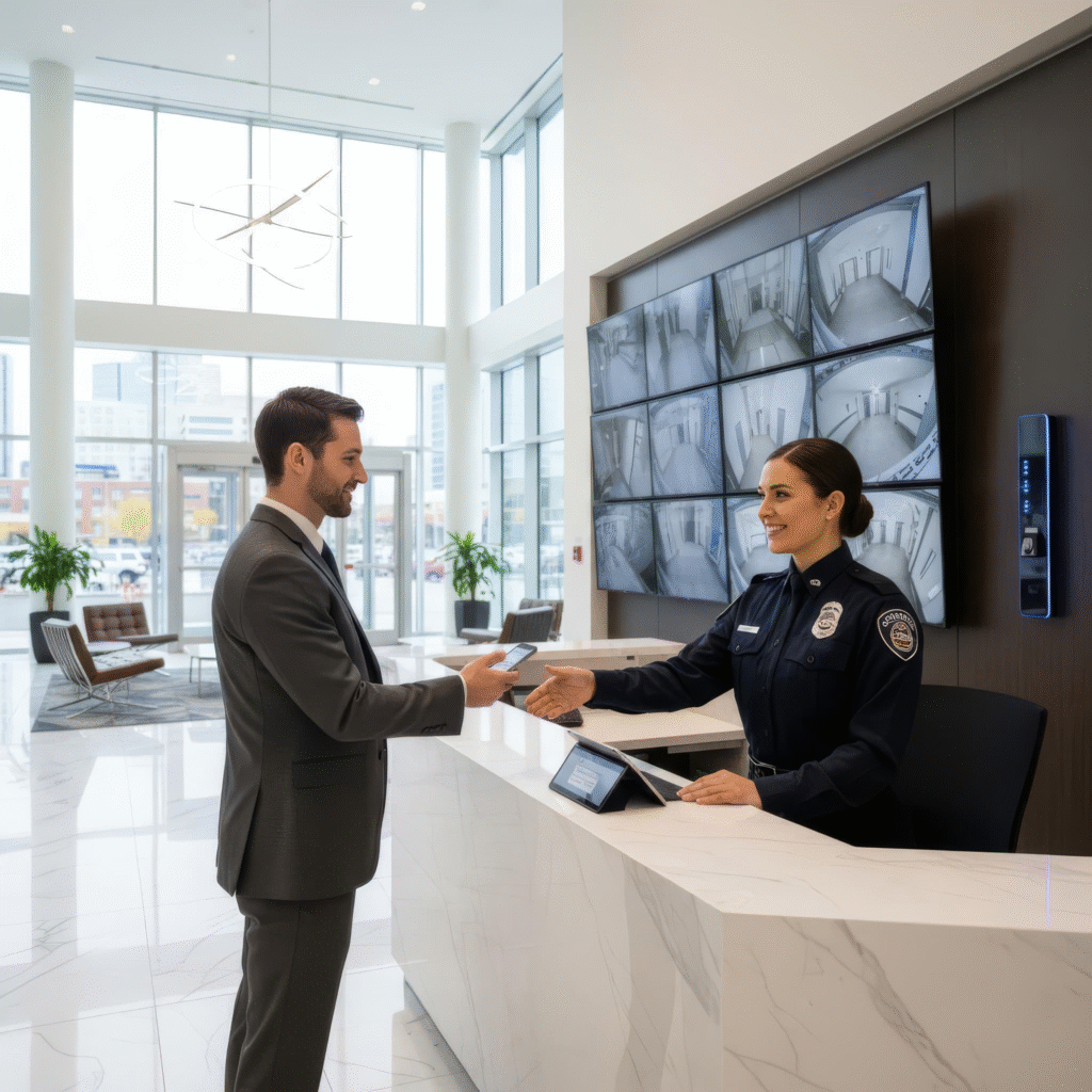 Licensed front desk security officer greeting visitor at modern Edmonton corporate office reception desk