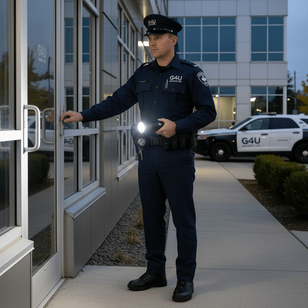Mobile security patrol officer conducting thorough building perimeter inspection