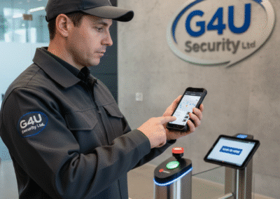 Security guard using mobile patrol software for real-time incident reporting and checkpoint scanning