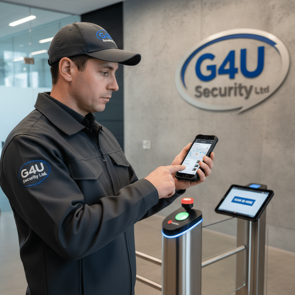 Security guard using mobile patrol software for real-time incident reporting and checkpoint scanning
