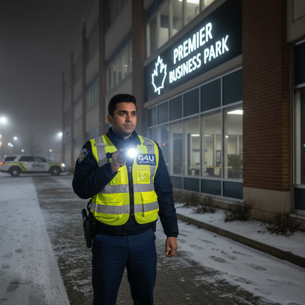 Professional mobile patrol security guard conducting night inspection of commercial property in Canada