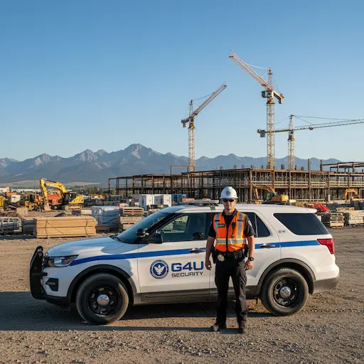 G4U Security patrol vehicle and licensed guard protecting Alberta construction site with mountain backdrop