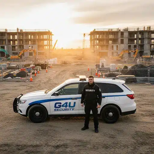 G4U Security guard and patrol vehicle at Edmonton construction site providing 24/7 site protection