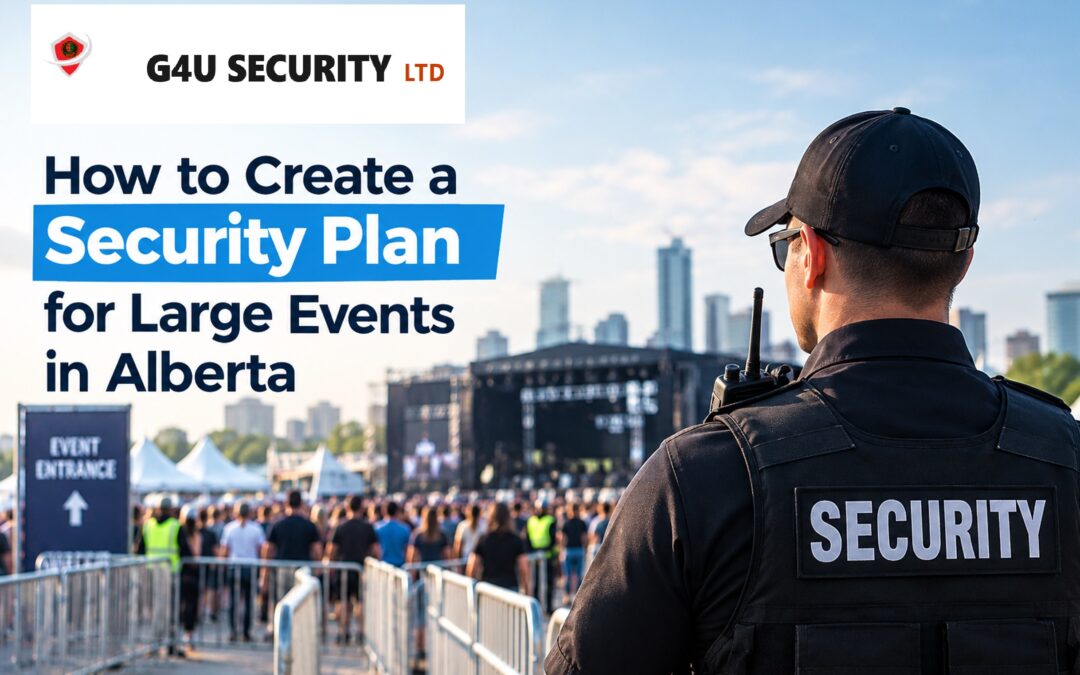 Security guard managing crowd safety at a large outdoor event in Alberta